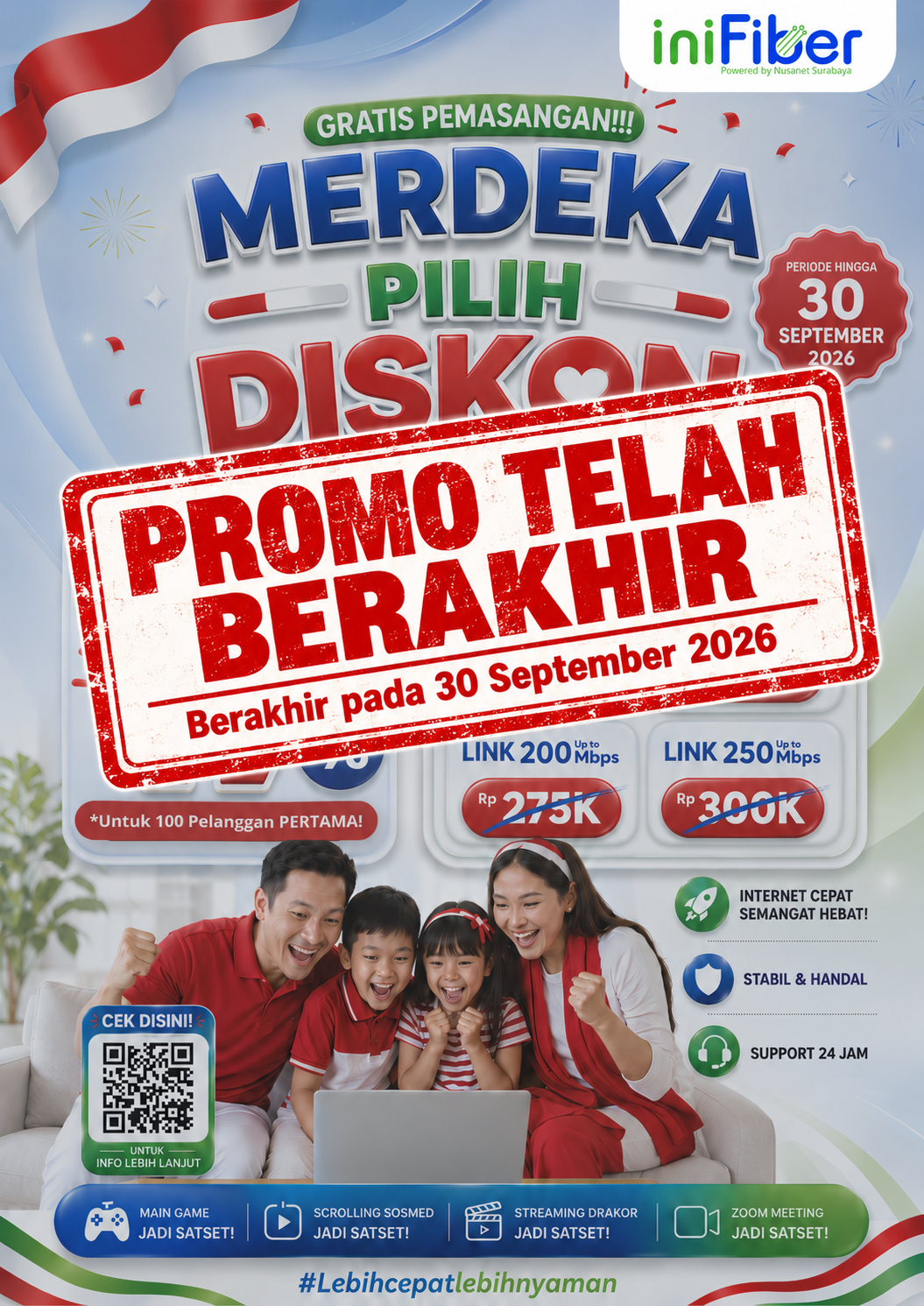 Promo Merdeka iniFiber: gratis pemasangan dan diskon 17 persen untuk 100 pelanggan pertama, berlaku hingga 30 September 2026.
